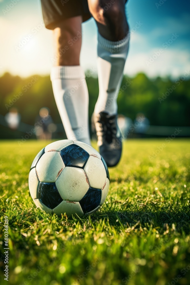 Soccer player with ball on grass field close up AI generated illustration Soccer player with ball on grass field close up AI generated illustration