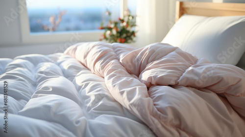 white duvet lying on the bed in winter. Created with Ai 