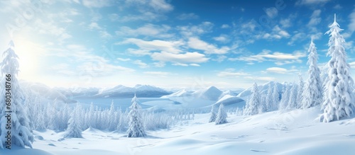 background of a winter landscape, adorned with snowy forests and mountains, the sun shines brightly in a crisp blue sky, as travelers venture through the peaceful wood, surrounded by the untouched