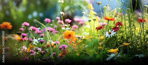 The colorful floral background of the isolated garden in summer showcases the beauty of nature, with vibrant flowers, lush green grass, and various animal species.