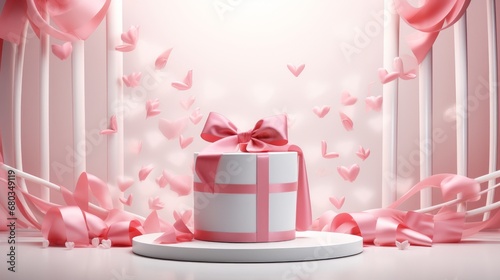Valentines Day themed podium adorned with pink ribbons and white doves AI generated illustration