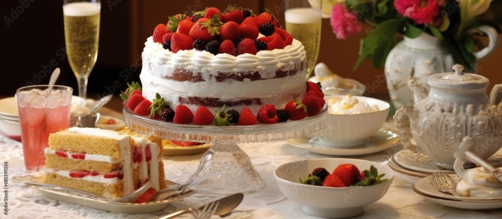 colorful background of a wedding party, a beautifully decorated table adorned with white flowers and fruit showcased a happy birthday celebration, complete with a decadent cake and cups of tea. Among