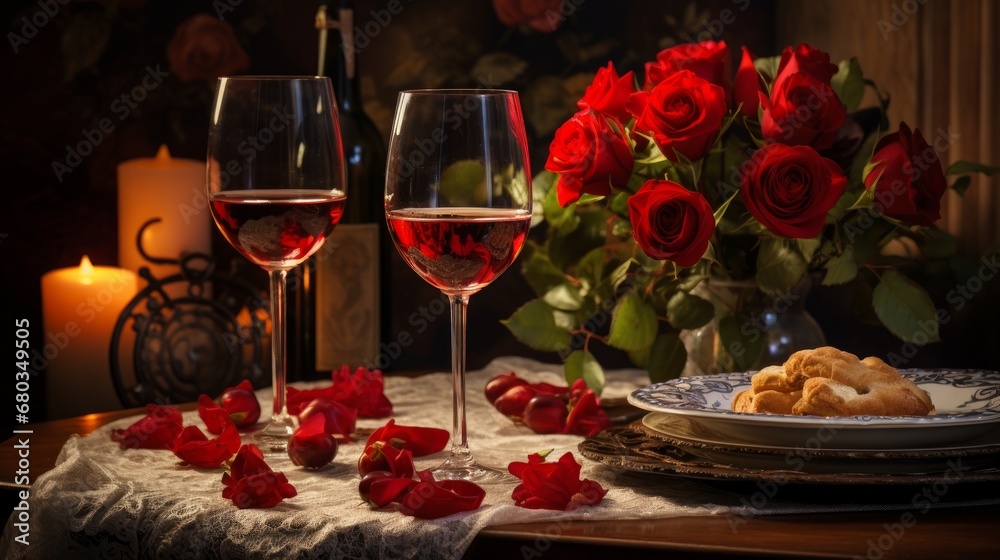 Wine glasses and roses on a table for two   AI generated illustration