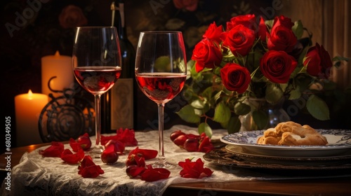 Wine glasses and roses on a table for two   AI generated illustration