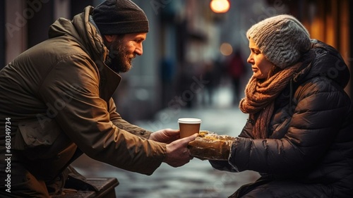 Man helping a homeless woman