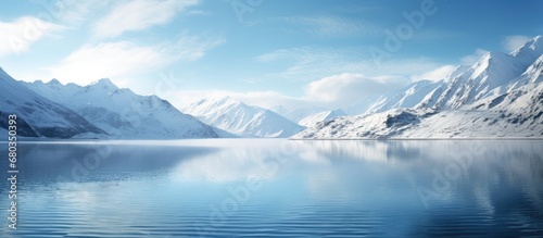 Wallpaper Mural From the snow-capped peaks of the majestic mountains, the crystal blue lake stretches towards the horizon, its tranquil waters blending seamlessly with the clear sky and reflecting the pristine white Torontodigital.ca