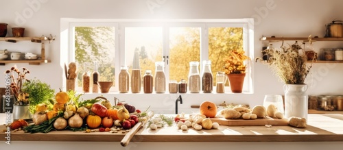cozy, white kitchen, set against the background of the breathtaking autumn nature, a table adorned with organic vegetables, spices, and natural ingredients showcases the harmonious blend of health and