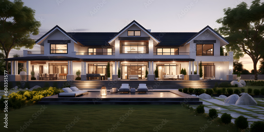 Luxury home exterior with lawn in evening sky