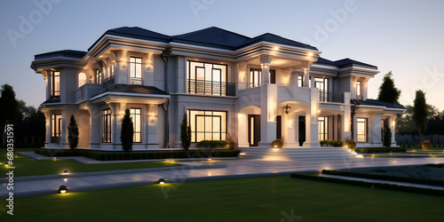 Luxury home exterior with lawn in evening sky