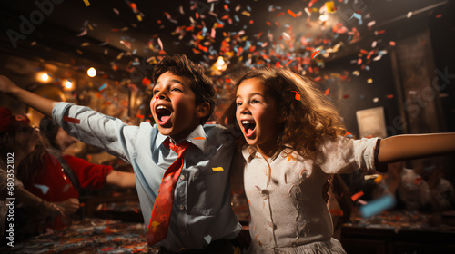 Children celebrating at a New Year’s Eve Party - confetti - formal dress - happy joy 
