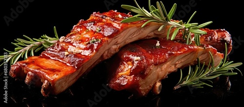At the closeup of the fresh and juicy uncooked meat, the delicious marinated ribs promised to be the highlight of the meal, enticing everyone with its mouthwatering aroma and tempting appearance. photo