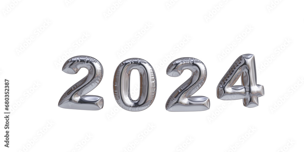 3D illustration render silver metallic balloon happy new year 2024. New Year's Eve party. Resource for social media art. 3D illustration render silver metallic balloon happy new year 2024. New Year's Eve party. Resource for social media art.