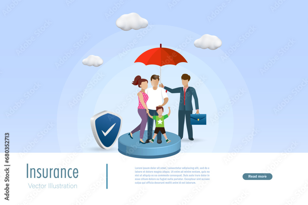Insurance agent holding umbrella protect family with insurance shield. Health and medical insurance for family proection. Vector.