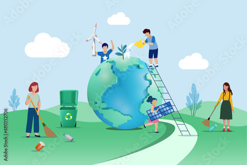 Environmental cleanup for sustainable environment. People sweeping, clean up garbage, showering plant and install wind turbine on world. Vector. photo
