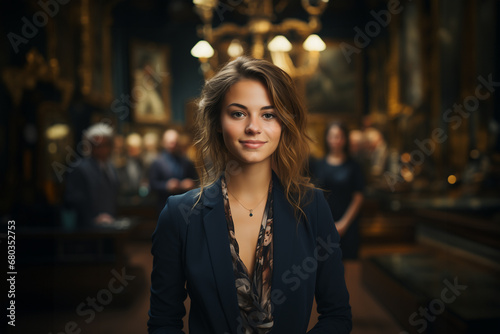 Corporate photography of a beautiful young female hotel manager. Generative AI image.