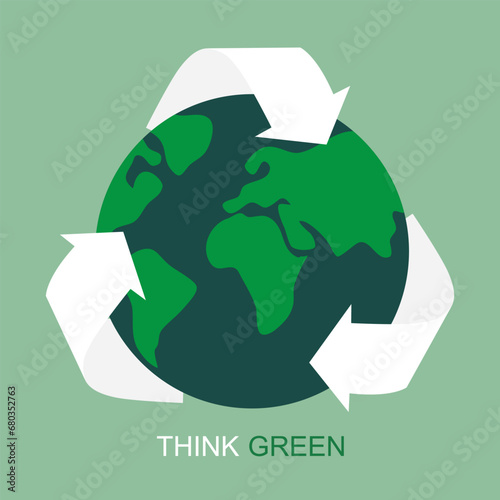 Garbage recycling logo. Vector recycling arrows with the Earth planet. Reuse Reduce Recycle. Earth day. Conscious consumption.