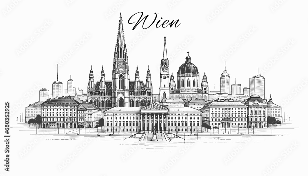 Wien Skyline Panorama - Vektor-Illustration - obrazy, fototapety, plakaty 