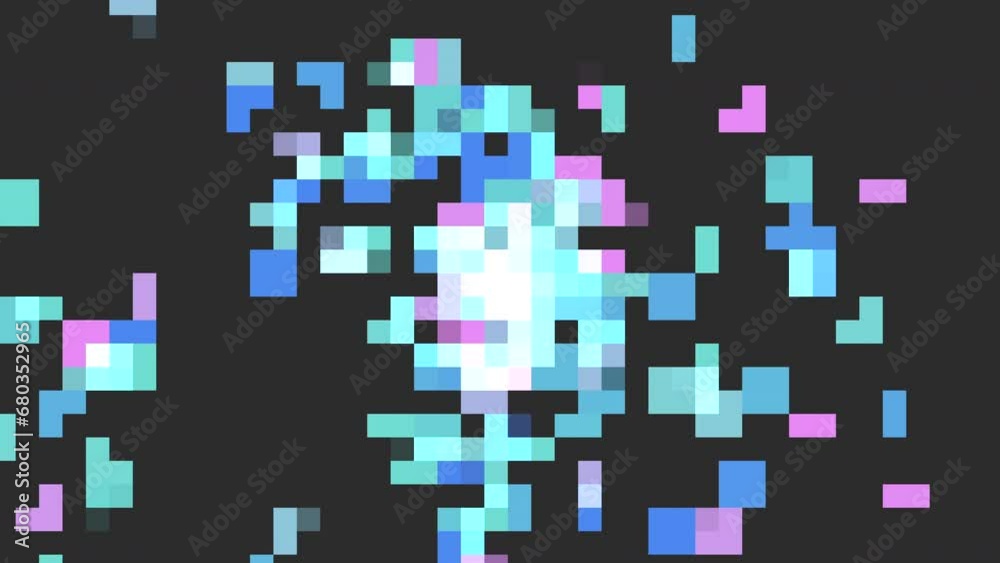 Abstract pixelated snowflake made up of blue, purple, and white squares arranged in a pattern, creating a visually appealing digital design