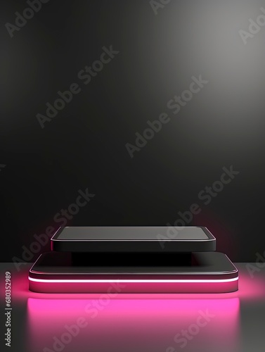 Black Pedestal of platform display with neon modern stand podium room background. Blank Exhibition stage backdrop or empty product shelf, copy space, generative ai © Nia™
