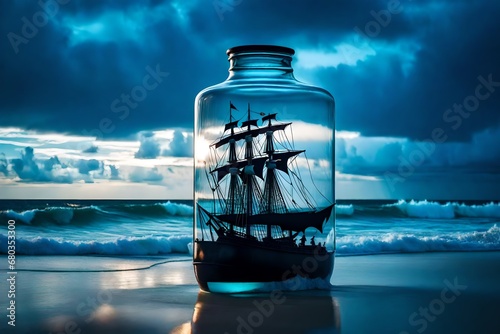 view of turbulent swells of a violent ocean storm, inside a glass bottle on the beach ม dramatic thunderous sky at dusk at center a closeup of large tall pirate ship with sails, breaking light  photo