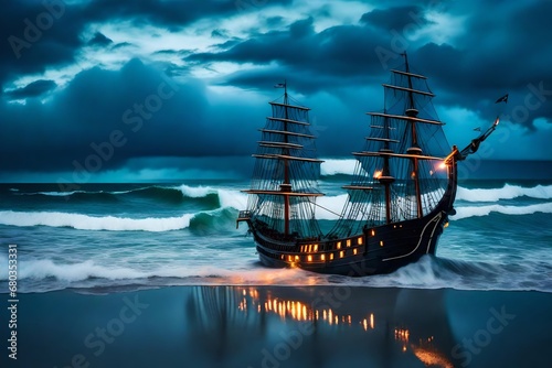view of turbulent swells of a violent ocean storm, inside a glass bottle on the beach ม dramatic thunderous sky at dusk at center a closeup of large tall pirate ship with sails, breaking light 