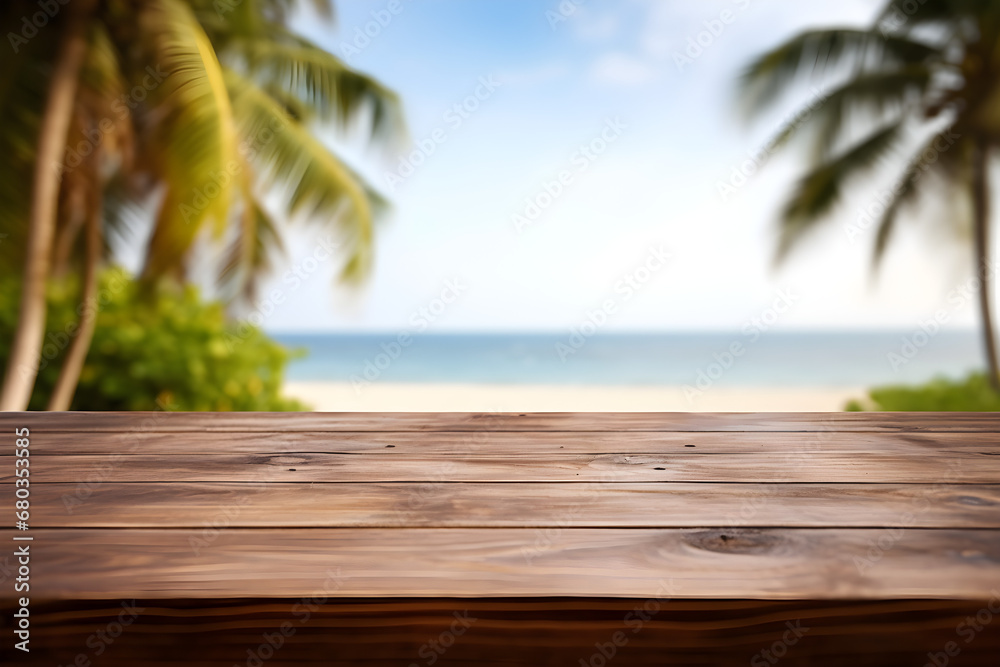 Wooden table with palm trees, beach and sea in the background for display purposes. High quality photo. Wooden table with palm trees, beach and sea in the background for display purposes. High quality photo.