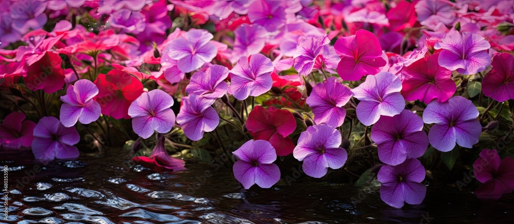 In the background of a vibrant summer garden, a profusion of pink and red flowers dance in the gentle breeze, their beauty magnified by the lush green leaves and the sparkling water droplets that In the background of a vibrant summer garden, a profusion of pink and red flowers dance in the gentle breeze, their beauty magnified by the lush green leaves and the sparkling water droplets that