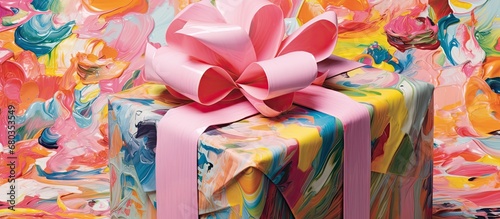 In the background of the vibrant summer garden, a patterned paper wrapped the fashion-forward spring birthday gift, beautifully tied with a white bow. It was on sale, showcasing the beauty of the photo