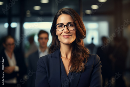 A confident female executive stands at the front of a boardroom, delivering a captivating business presentation to a group of engaged executives.