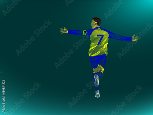 The image of a football player created with Vector Line art technique. Player number seven celebrating goal.