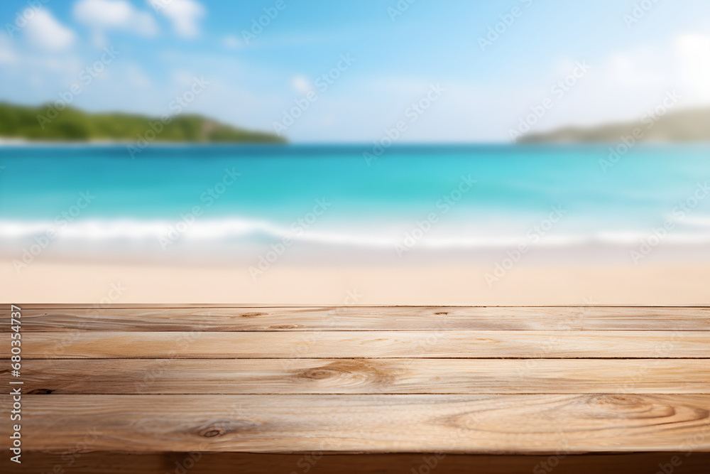Wooden table with a sunny beach in the background for display purposes. High quality photo. Wooden table with a sunny beach in the background for display purposes. High quality photo.