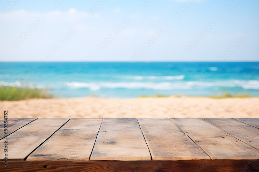 Wooden table with a sunny beach in the background for display purposes. High quality photo. Wooden table with a sunny beach in the background for display purposes. High quality photo.