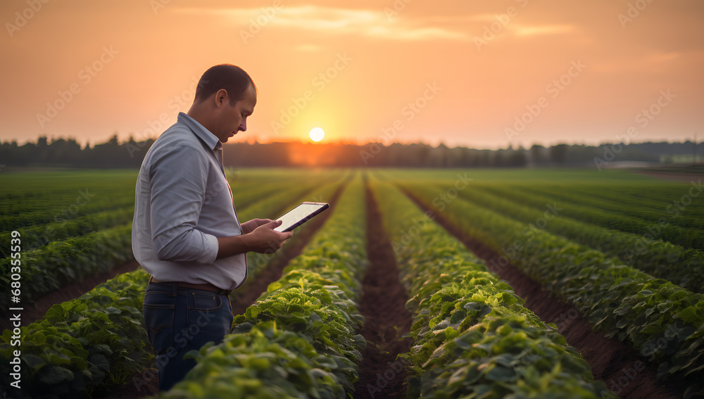 Farmer Check the progress of crops and yield. Holding a tablet using the internet Close-up nature photography concept of a bountiful harvest