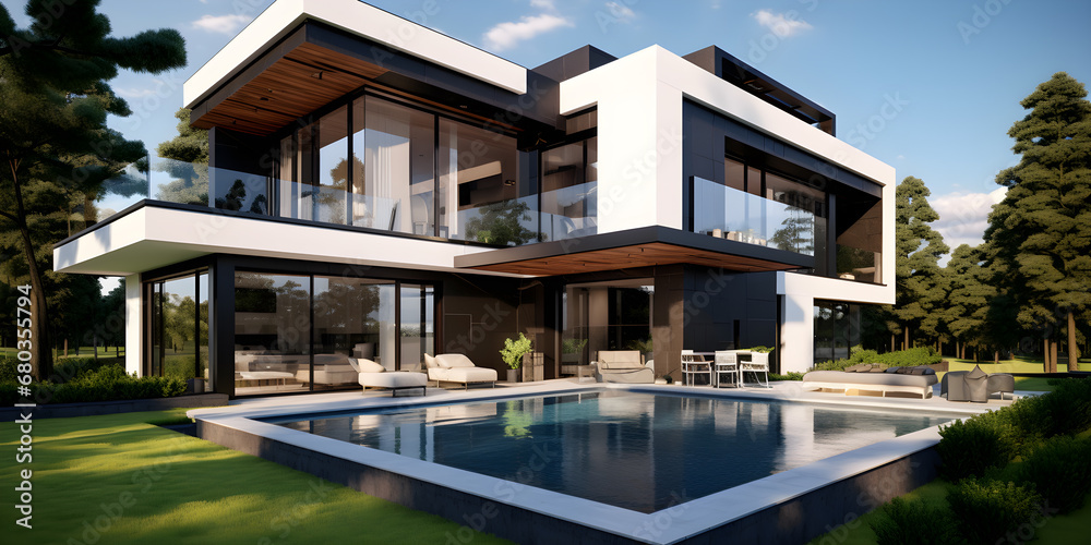 3D modern home with swimming pool, in the style of white and grey 3D modern home with swimming pool, in the style of white and grey