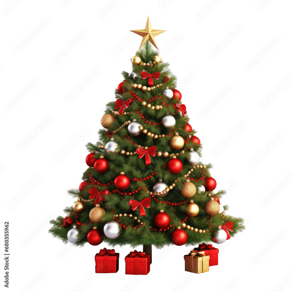 Christmas tree decoration with gift underneath transparent background