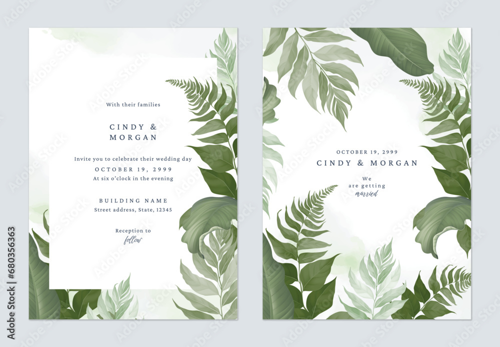 White greenery fern leaves wedding invitation - obrazy, fototapety, plakaty 