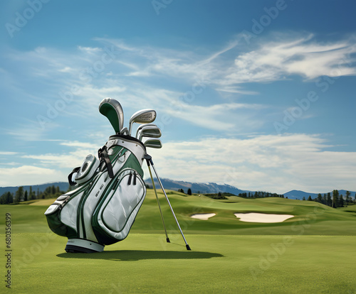 bag of golf clubs to play in a golf field photo