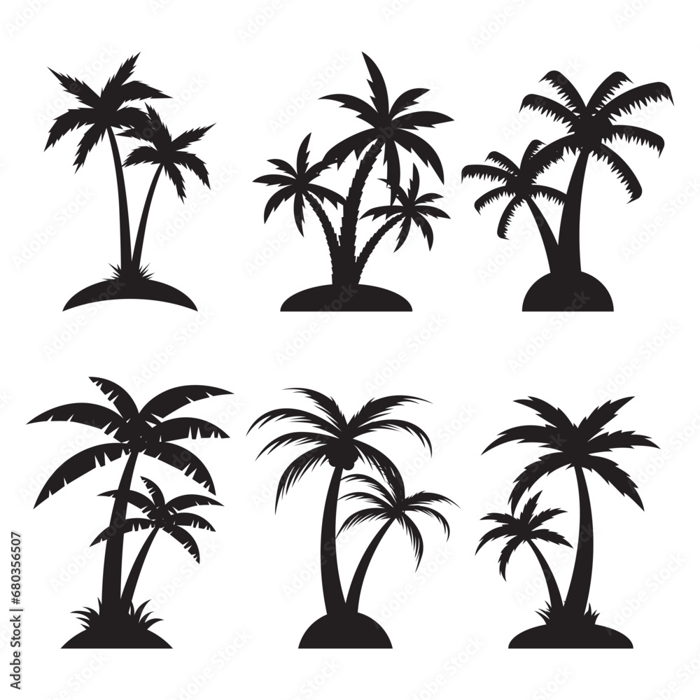 Collection of different coconut tree silhouettes isolated on white background