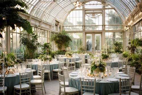Wedding party gathering hall indoor venue restaurant table plants greenhouse photo