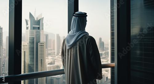 Arab businessman in traditional clothing stands in his office against a backdrop of skyscrapers. Back view. Generative AI