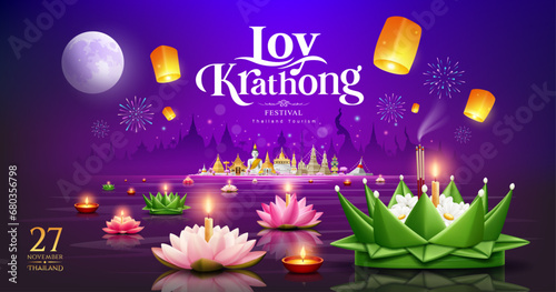 Loy krathong festival in thailand, banana leaf and pink lotus flower, fireworks at night on full moon on thailand tourism architecture design purple background, eps10 vector illustration
 photo