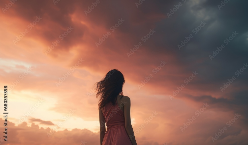 An evocative image of a lone woman set against a backdrop of dramatic sunset monsoon clouds, creating a scene of contemplation and natural spectacle.
