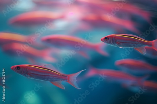 A mesmerizing scene of tropical fish schooling, captured with a stunning colorful tint, highlighting the harmony and beauty of marine life. 