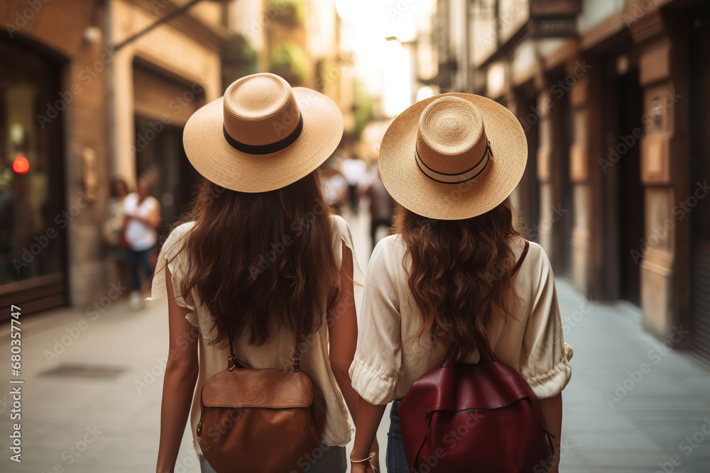 Back view of two young women with straw hats walking in the city
