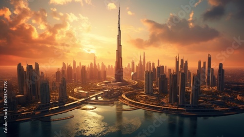 Aerial View of the Dubai city of the river with sky and cloud cityscape background. © Virtual Art Studio