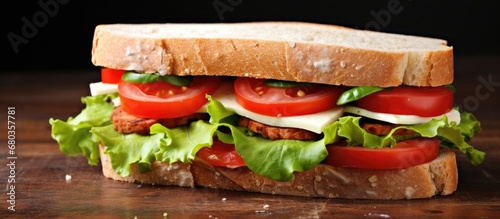 A healthy sandwich with green lettuce, red tomatoes, and white cheese is an isolated meal on a white background, making it a perfect snack option for any food lover.