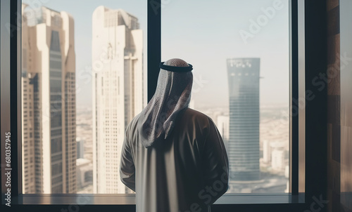 Arab businessman in traditional clothing stands in his office against a backdrop of skyscrapers. Back view. Generative AI photo