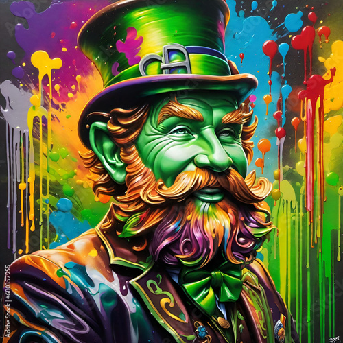 Graffiti style leprechaun image displaying numerous colors of the rainbow
