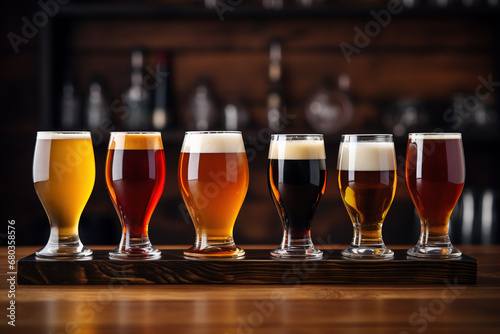 Glasses with craft beer on wooden bar. Tap beer in pint glasses arranged in a row. Closeup of five glasses of different types of draught beer in a pub