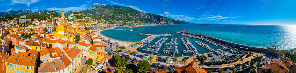 View of Menton, a town on the French Riviera in southeast France known for beaches and the Serre de la Madone garden